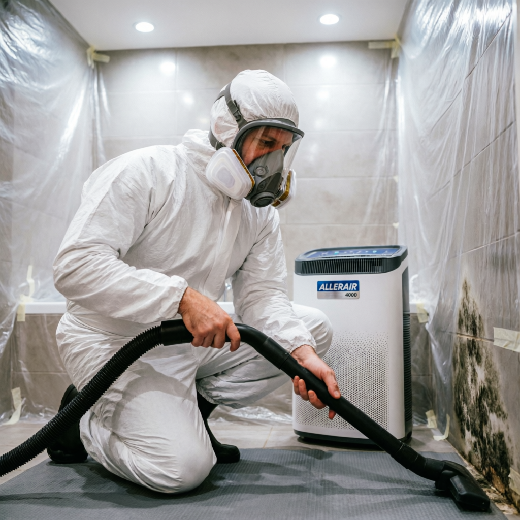 Professional mold remediation technician in protective suit with HEPA air scrubber