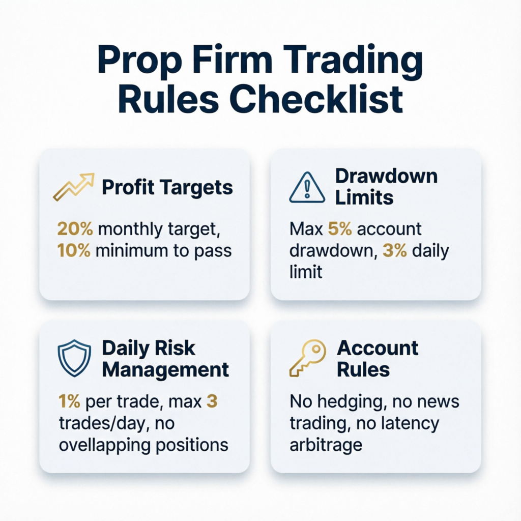 Prop Firm Trading Rules Checklist showing profit targets, drawdown limits, daily risk management, and account rules