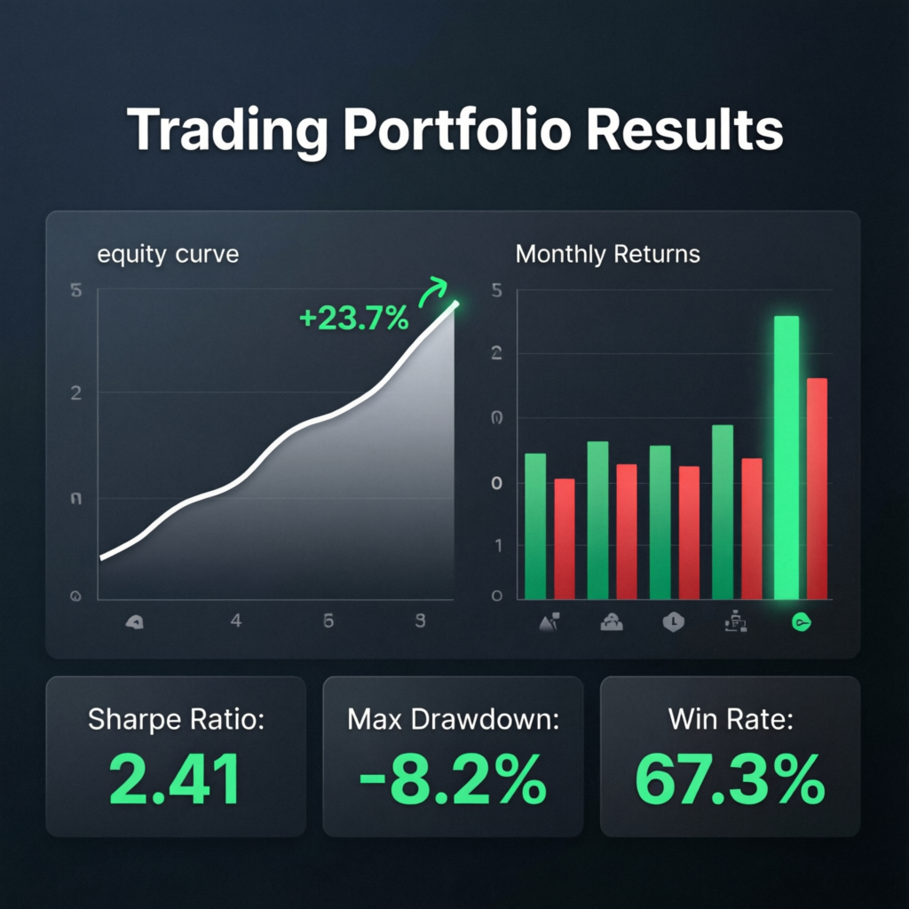 Trading Portfolio Results dashboard showing equity curve, monthly returns, Sharpe ratio, and win rate