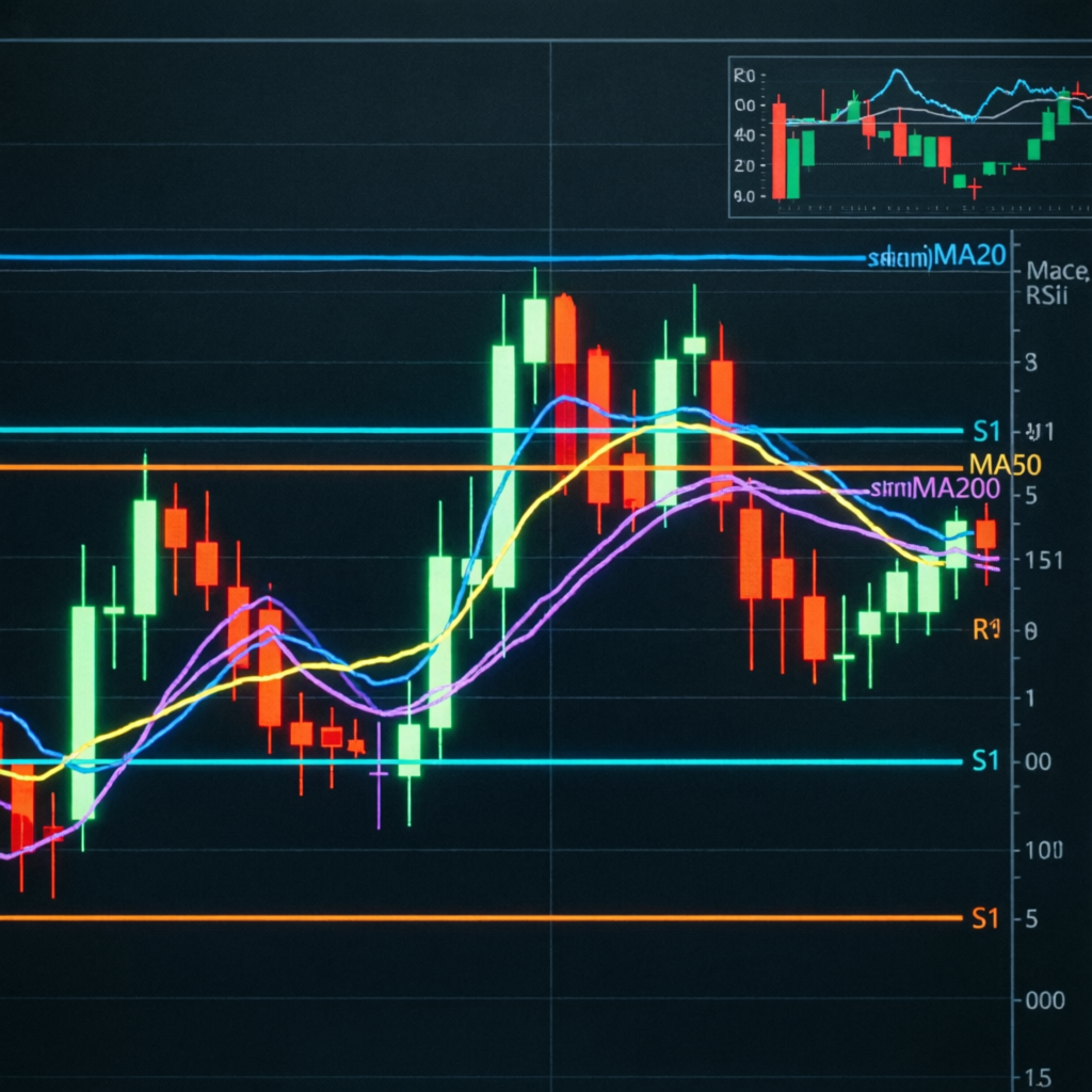 Professional forex trading strategy chart with technical analysis indicators, moving averages, and candlestick patterns
