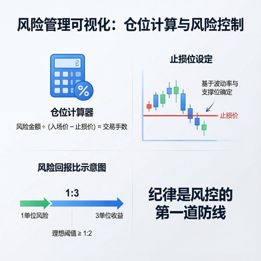 Risk management visualization showing position sizing calculator, stop loss placement, and risk reward ratio