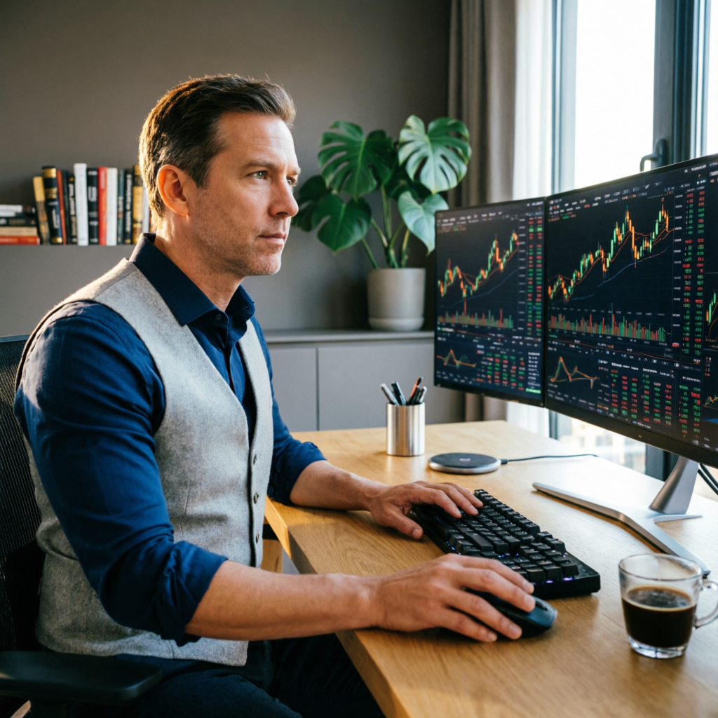 Professional forex trader analyzing charts on dual monitors in modern office environment at PFM Capitals