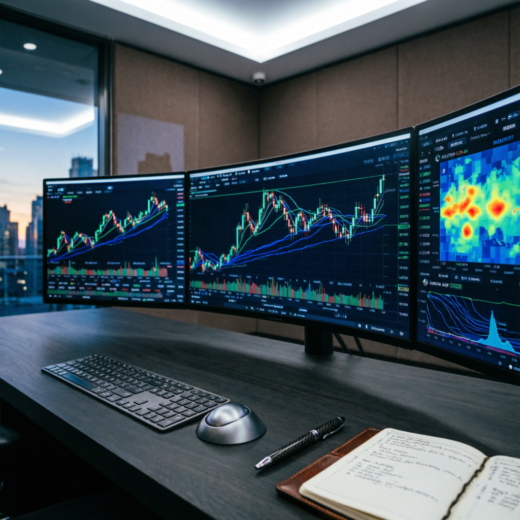 Professional trading desk with multiple monitors displaying forex charts at PFM Capitals