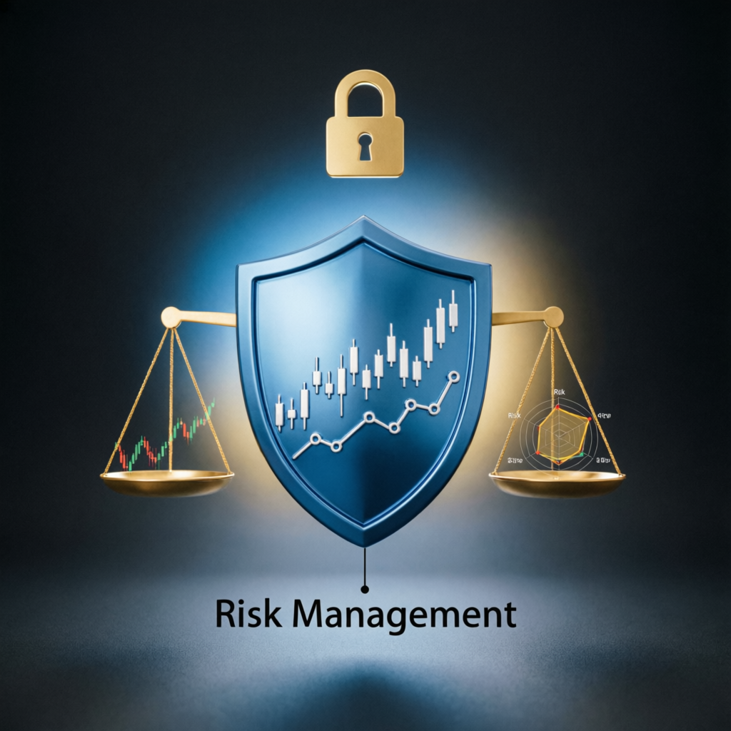 Risk management shield with trading charts and balance scales