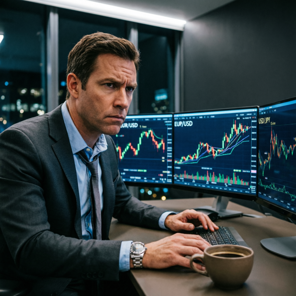 Professional trader analyzing Topstep futures charts on multiple monitors
