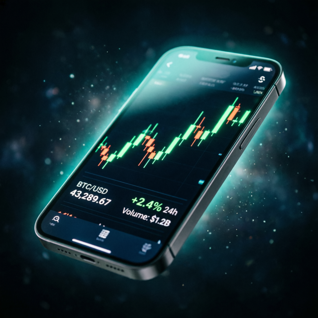 Mobile phone displaying premium trading app with forex charts