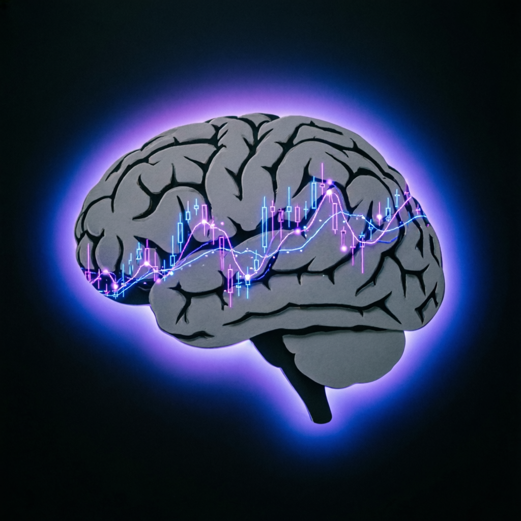 Trading psychology concept showing brain with financial charts