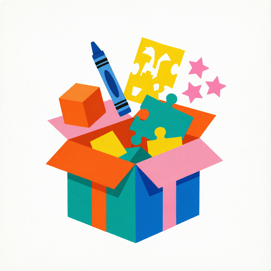 PLAYDOR creative play box with toys, crayons, and puzzle pieces