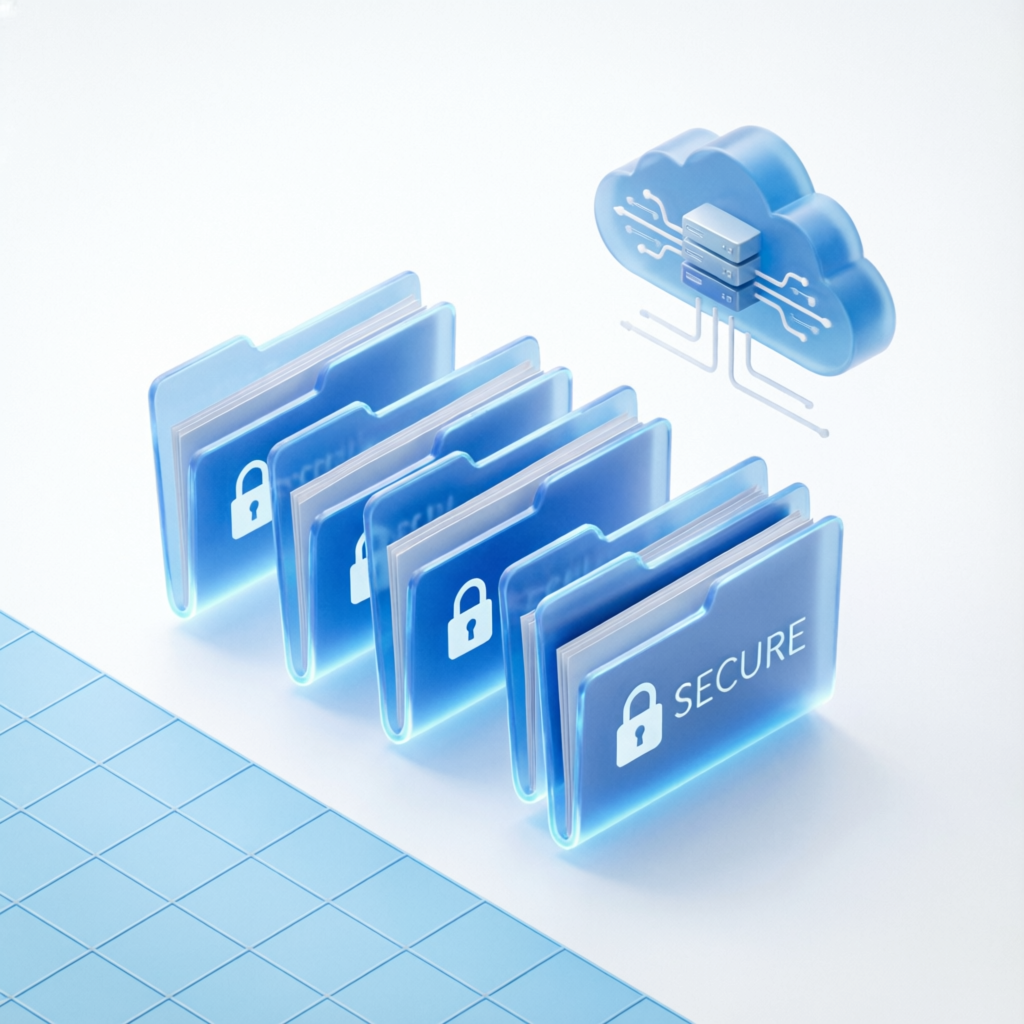 Ilustrasi sistem manajemen dokumen digital aman dengan folder dan cloud storage