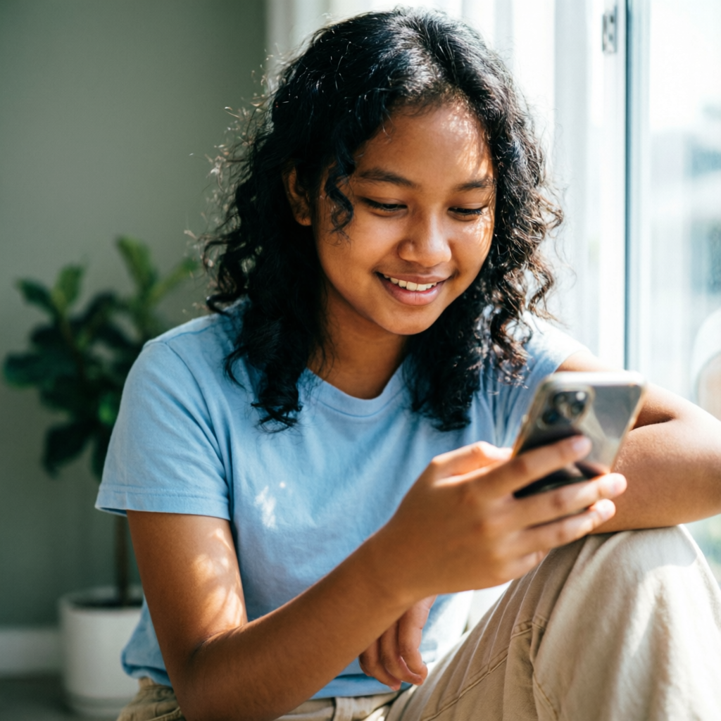 A happy Indonesian teenage girl smiling warmly at her phone, feeling supported and safe online.