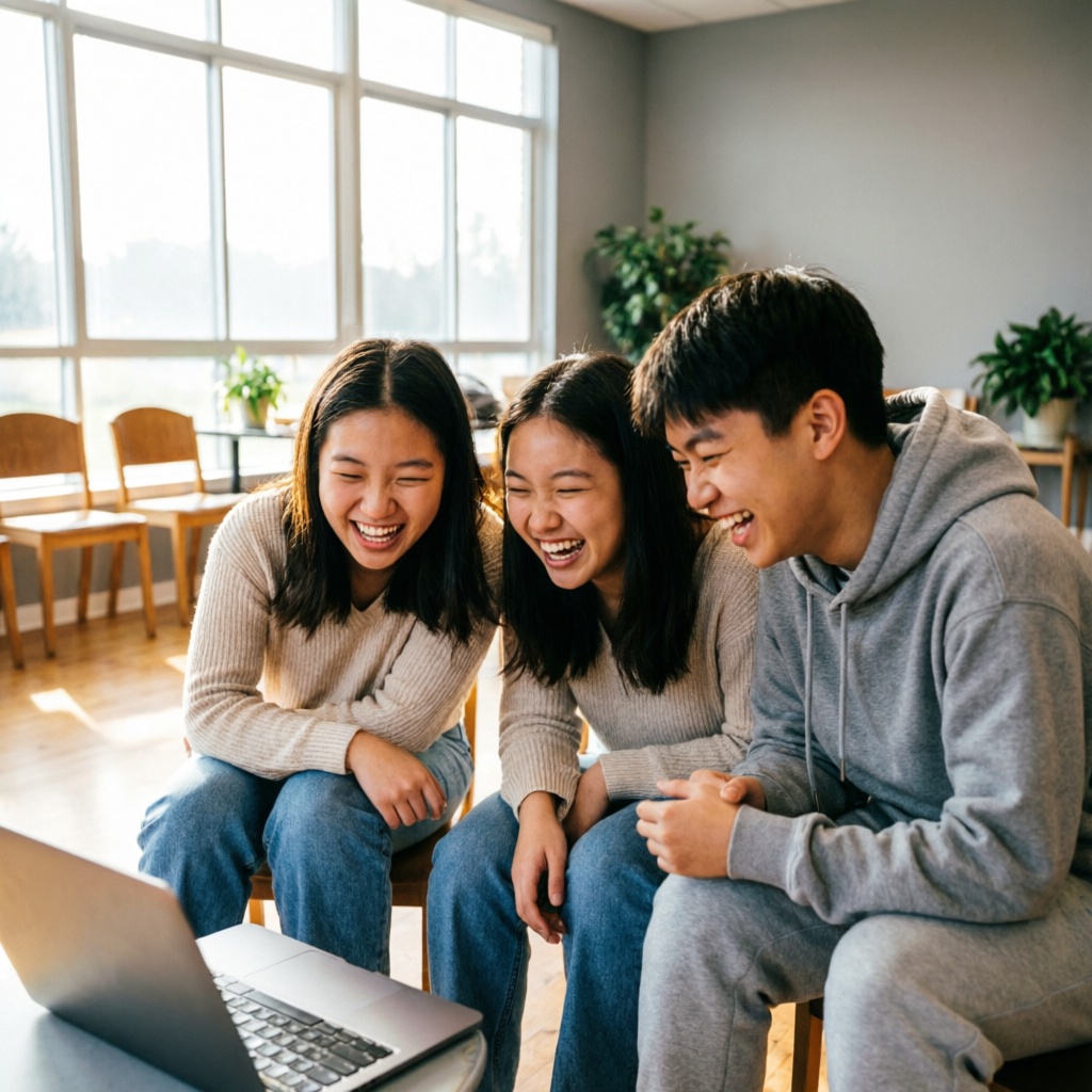 Happy Asian teenagers — two young women and one young man — smiling together around a laptop, feeling supported online.