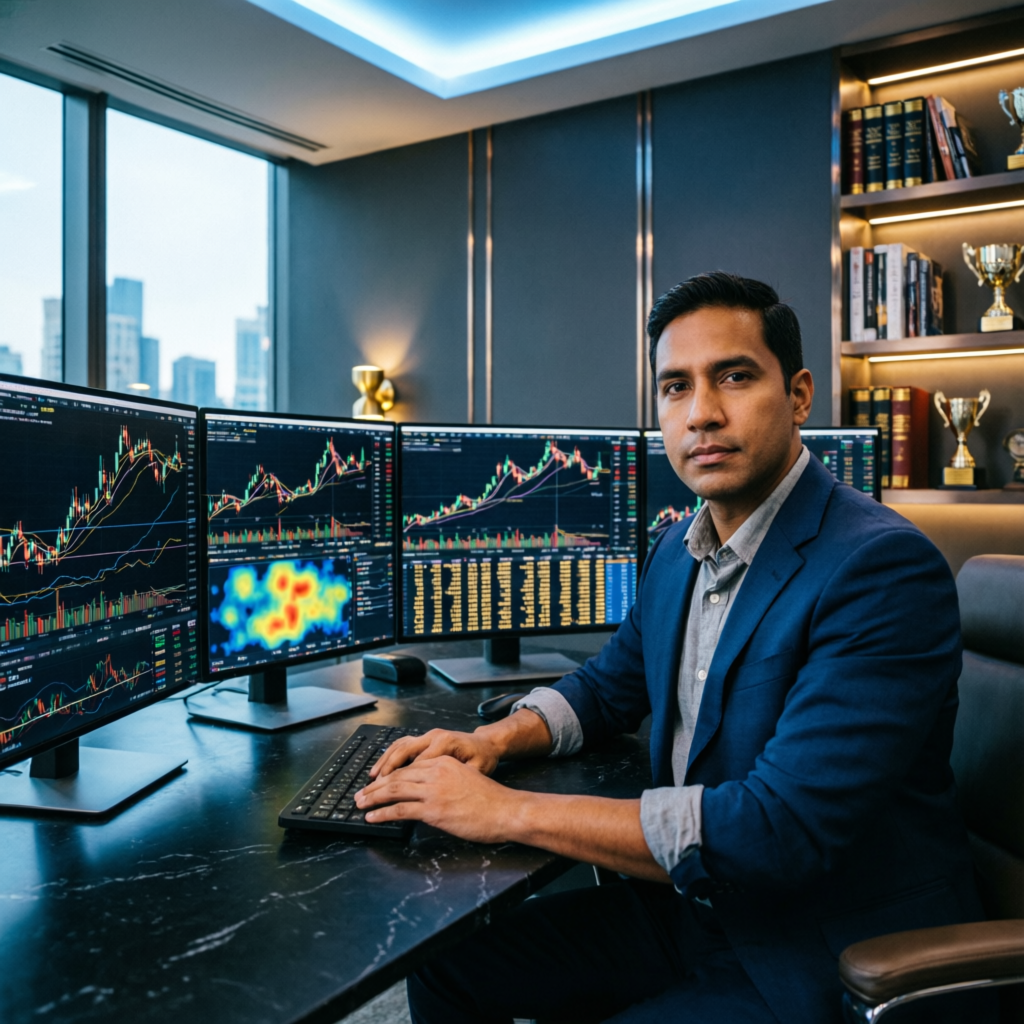 Professional forex trader using Apex Trader Funding with multiple monitors