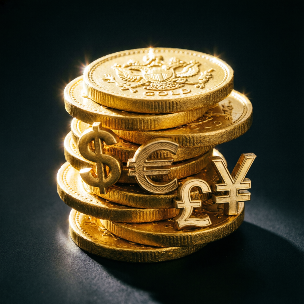 Gold coins with forex currency symbols representing Apex Trader Funding profits