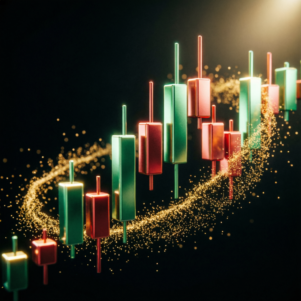3D candlestick chart with golden particles representing Apex Trader Funding success