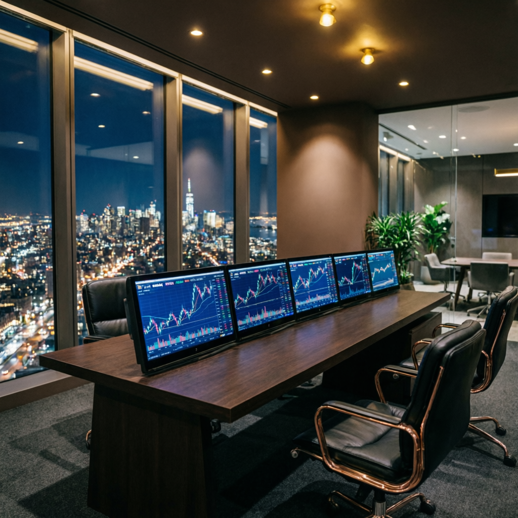 Premium trading office with multiple monitors showing Apex Trader Funding performance