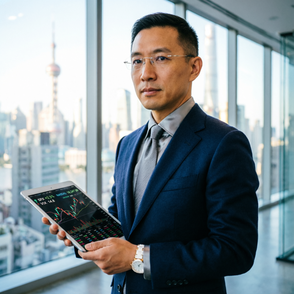 Professional trader analyzing Apex Trader Funding rules on tablet with city view