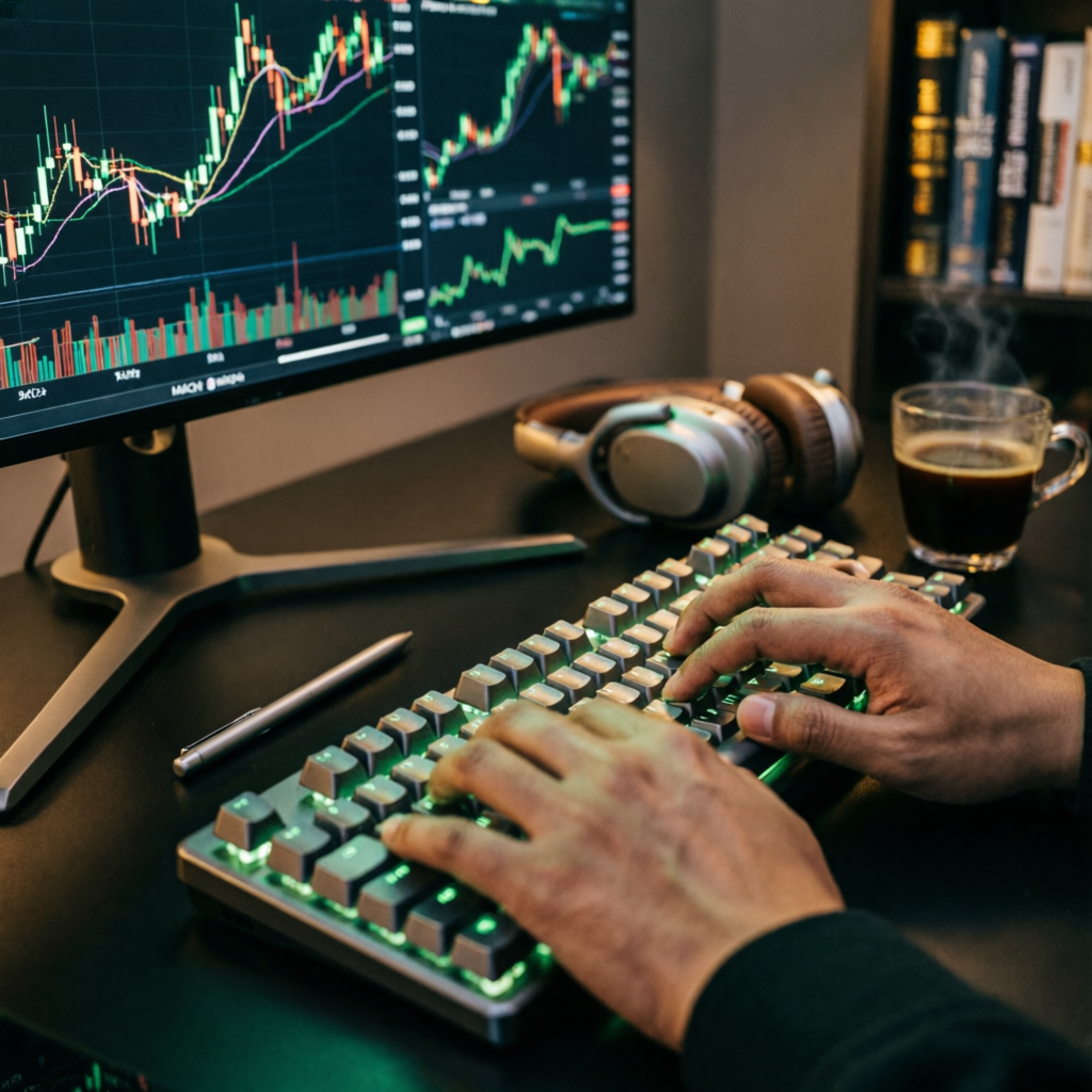 Trader executing Apex Trader Funding strategy with keyboard and trading charts