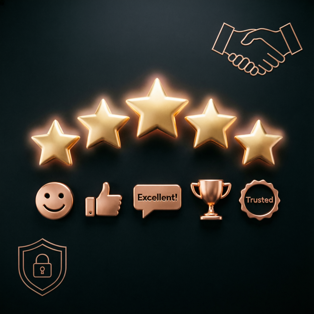 Five star client review and trust concept for prop firm services