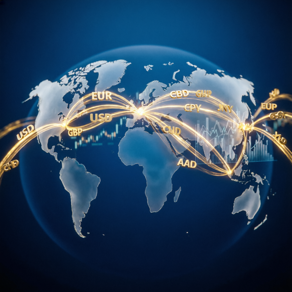 Global forex market with currency trading routes and prop firm evaluation concept