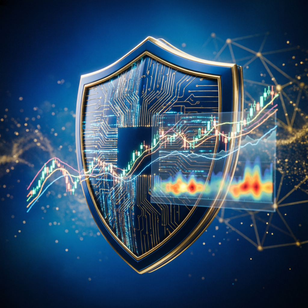 Risk management concept with digital shield protecting trading charts