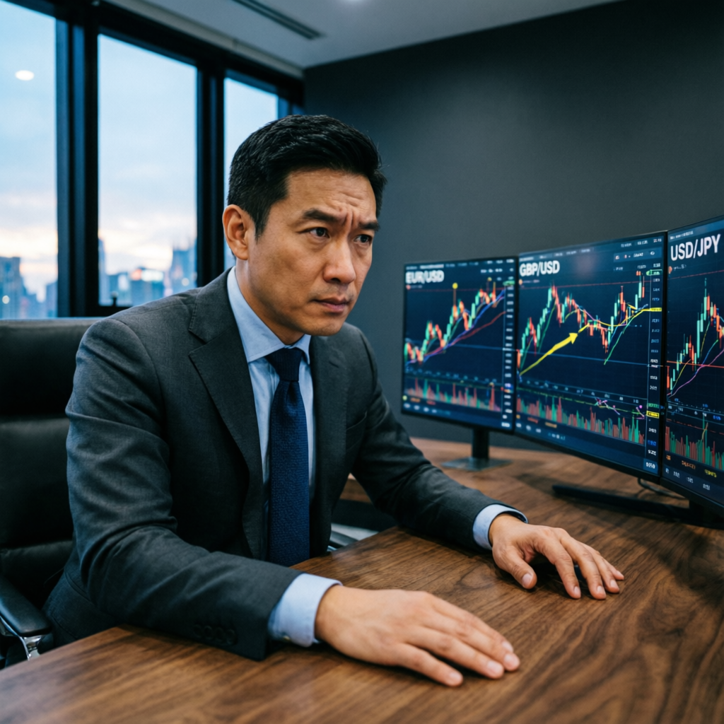 Professional forex trader analyzing currency pair charts for prop firm account management
