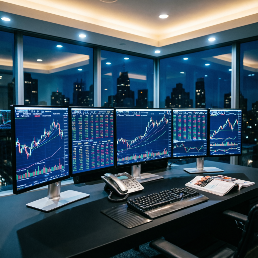 Professional trading desk with multiple monitors showing forex charts and prop firm account management setup