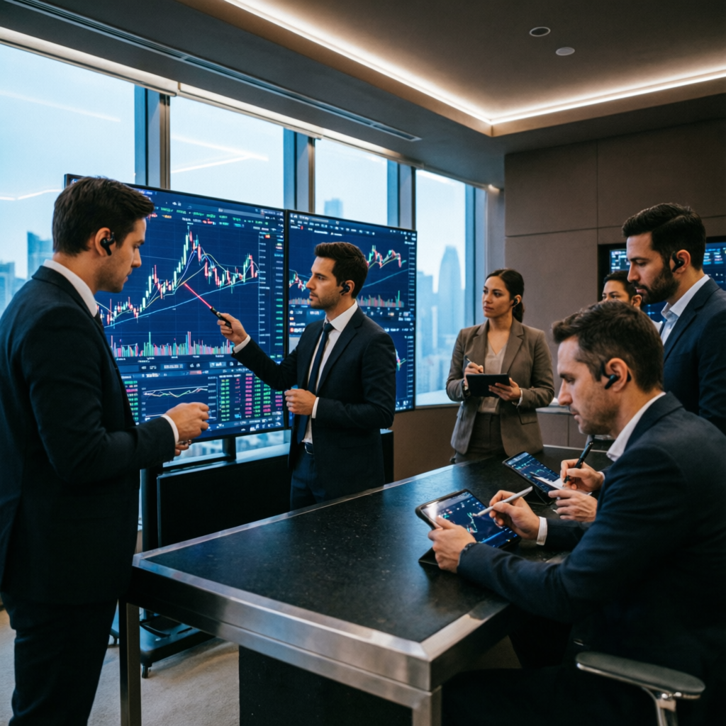 Professional trading team analyzing forex charts and strategy planning