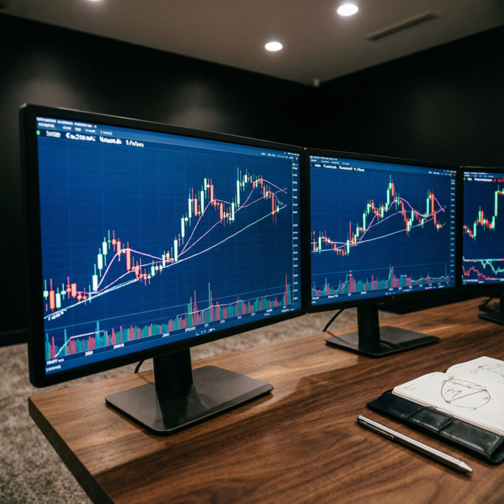 Professional trading desk with detailed forex charts and technical indicators