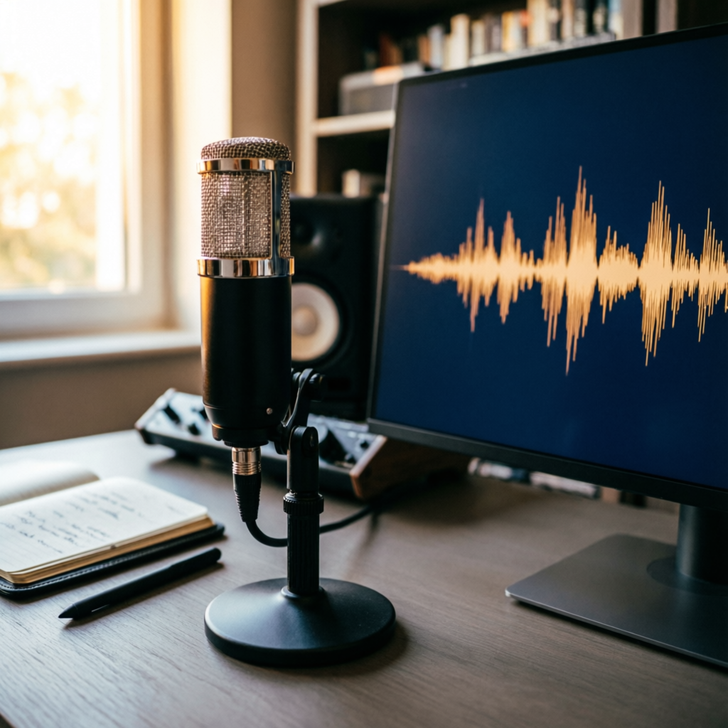 A studio microphone beside a screen displaying warm AI voice waveforms.