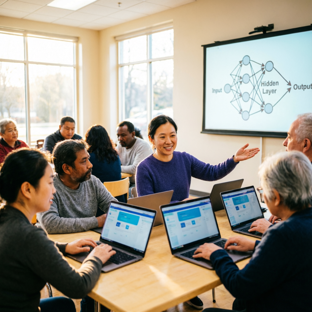 A diverse community AI literacy workshop in a Canadian community centre, with a facilitator guiding adults at laptops.