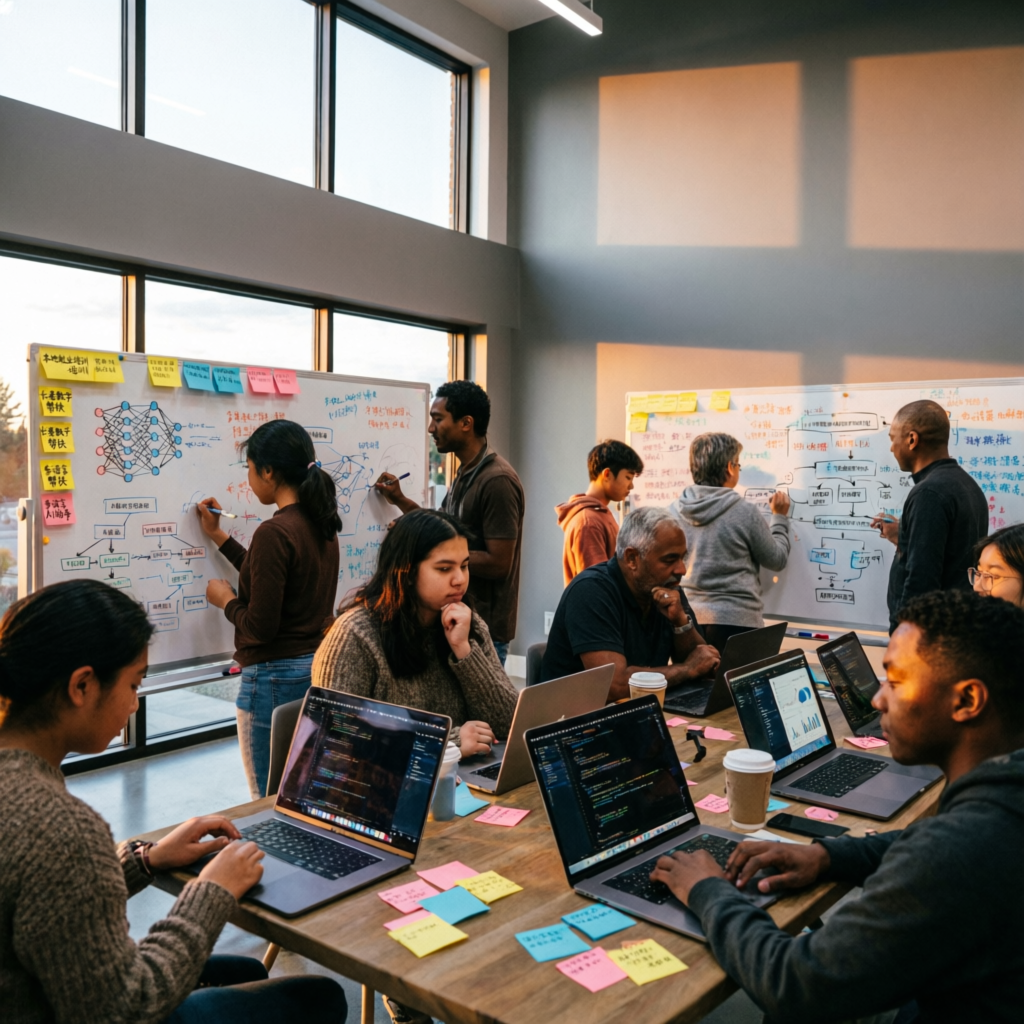 A Canadian community innovation lab where diverse participants co-design AI projects on whiteboards and laptops.