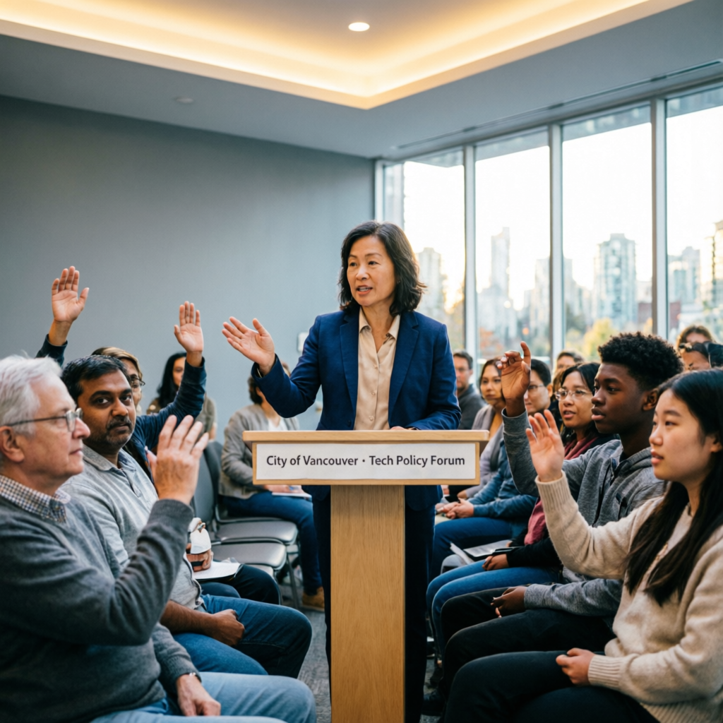 A diverse community town hall on technology policy in Canada, with audience members raising their hands.