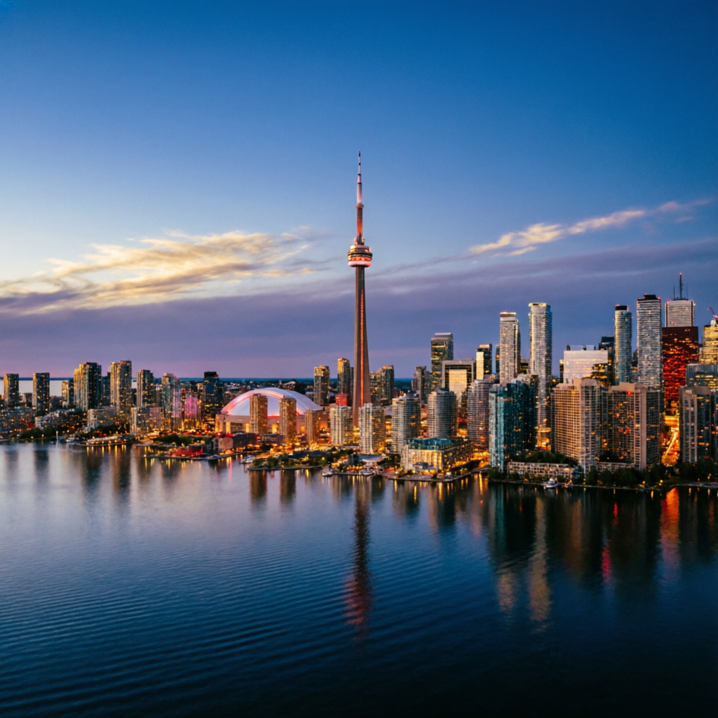 A Canadian city skyline at dusk with the CN Tower, city lights reflecting on the water.