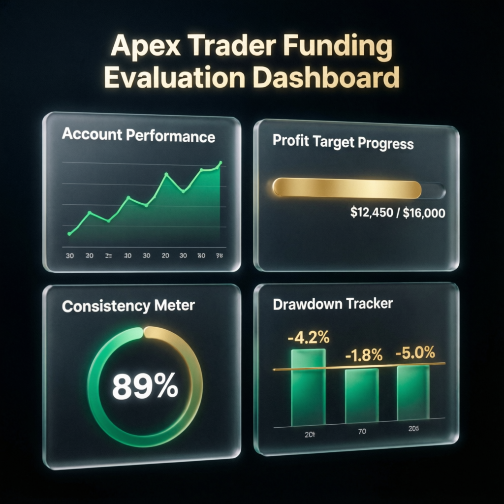 Apex Trader Funding evaluation dashboard showing account performance metrics
