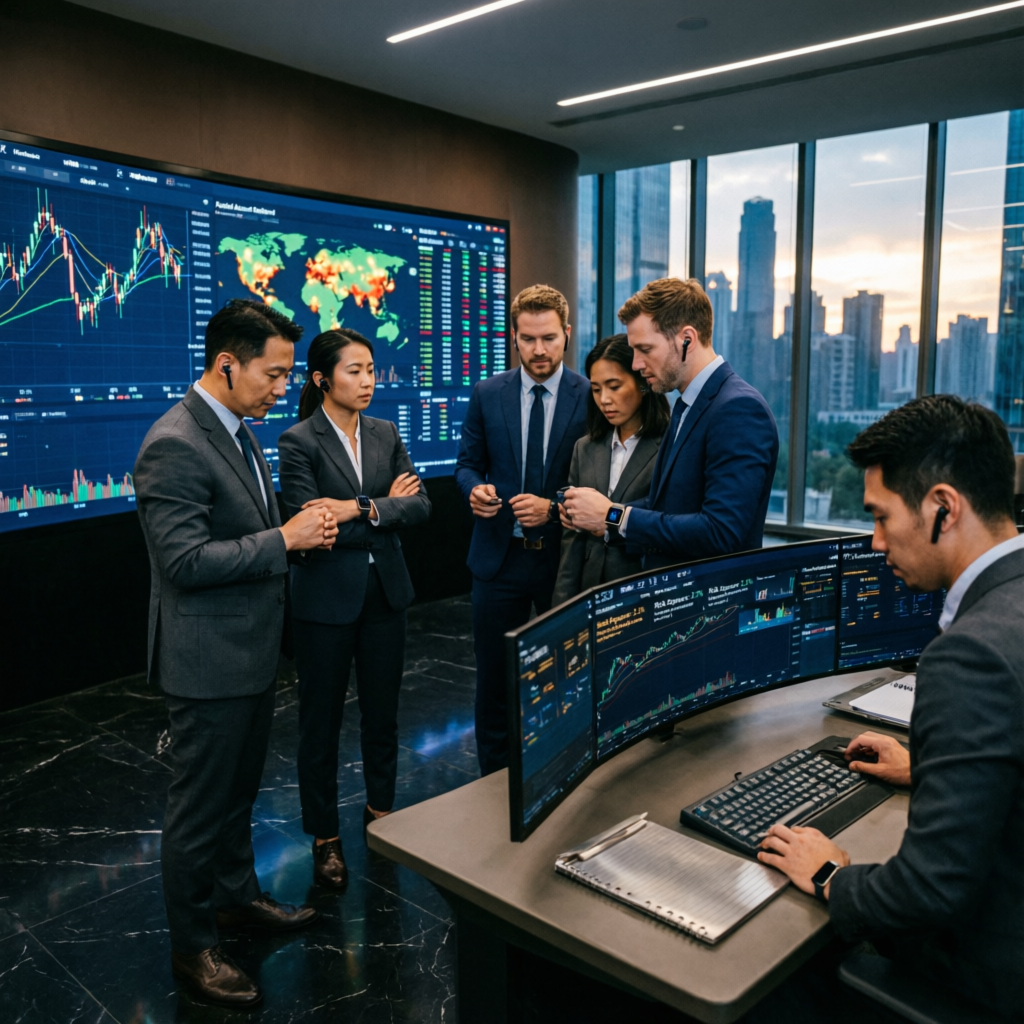 Professional account management team analyzing trading markets