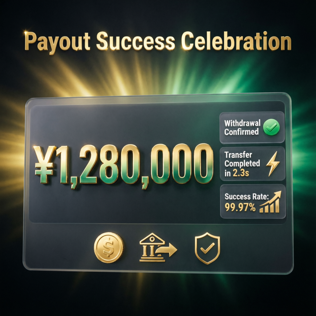 Payout success celebration showing large profit withdrawal confirmation