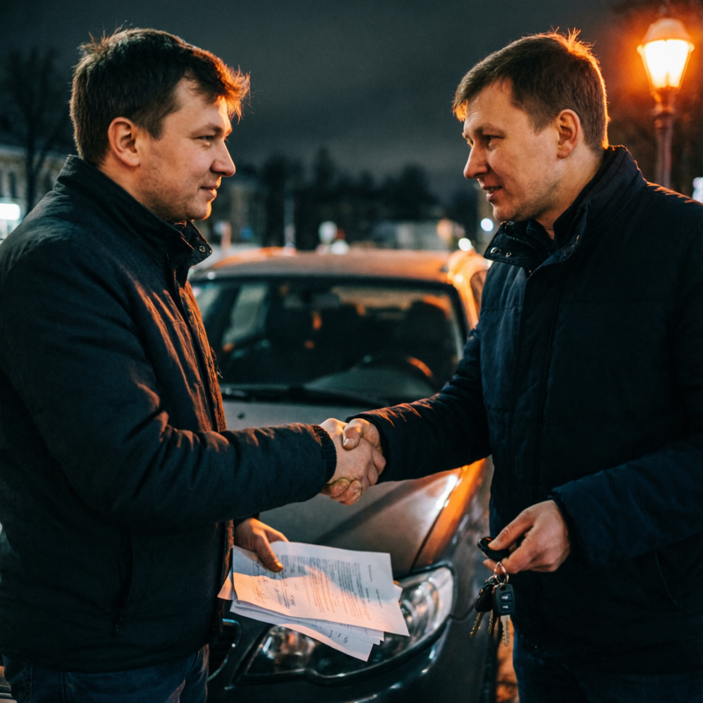 Рукопожатие при сделке выкупа автомобиля вечером