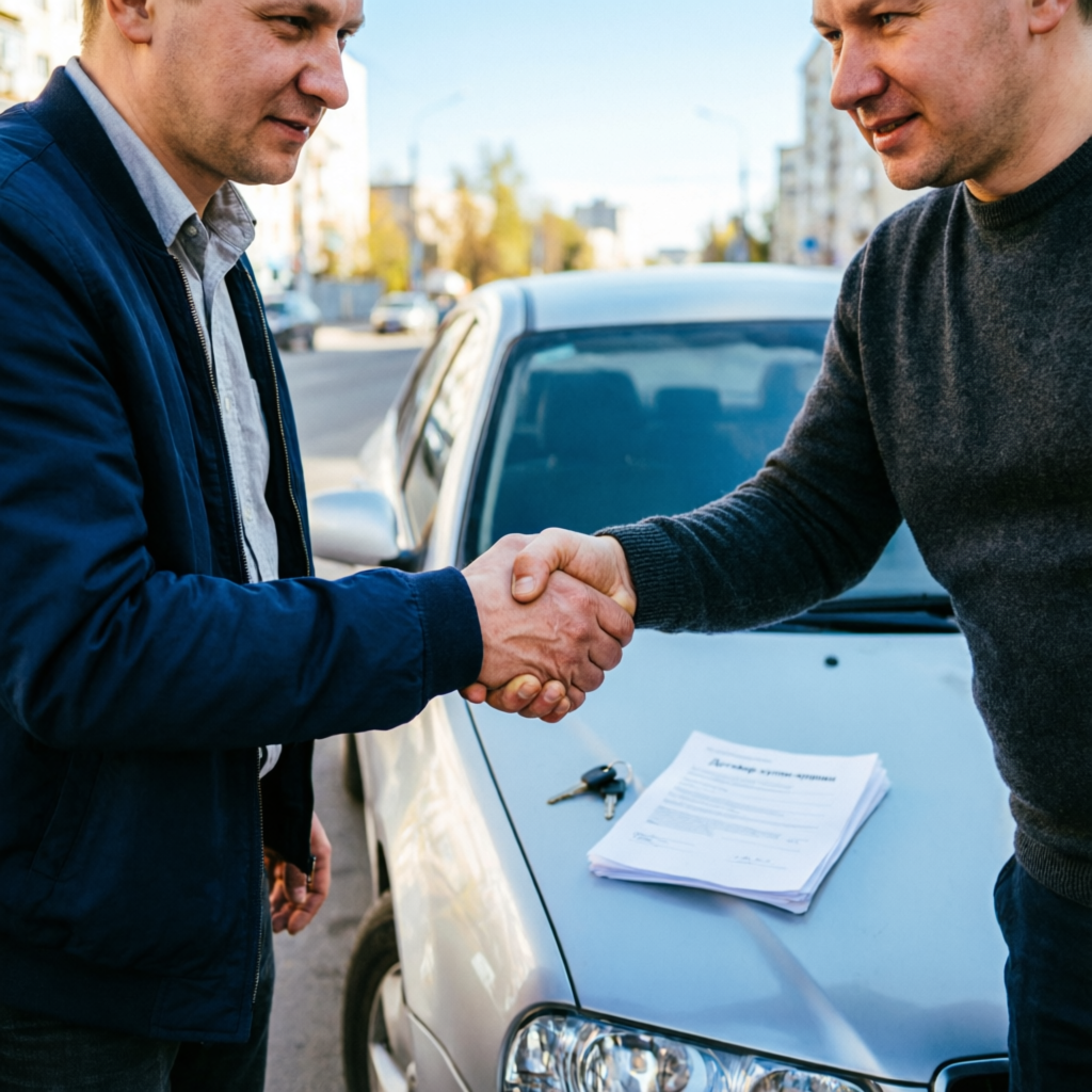 Рукопожатие при сделке выкупа автомобиля днём