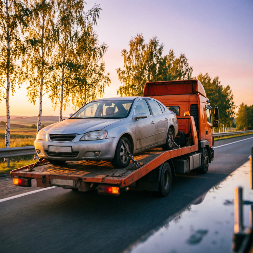 Эвакуатор увозит выкупленный автомобиль по трассе на закате