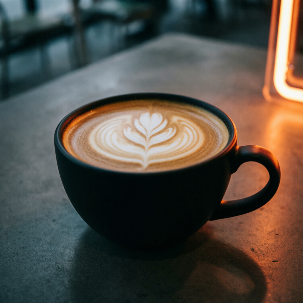 Flat White in schwarzer Tasse