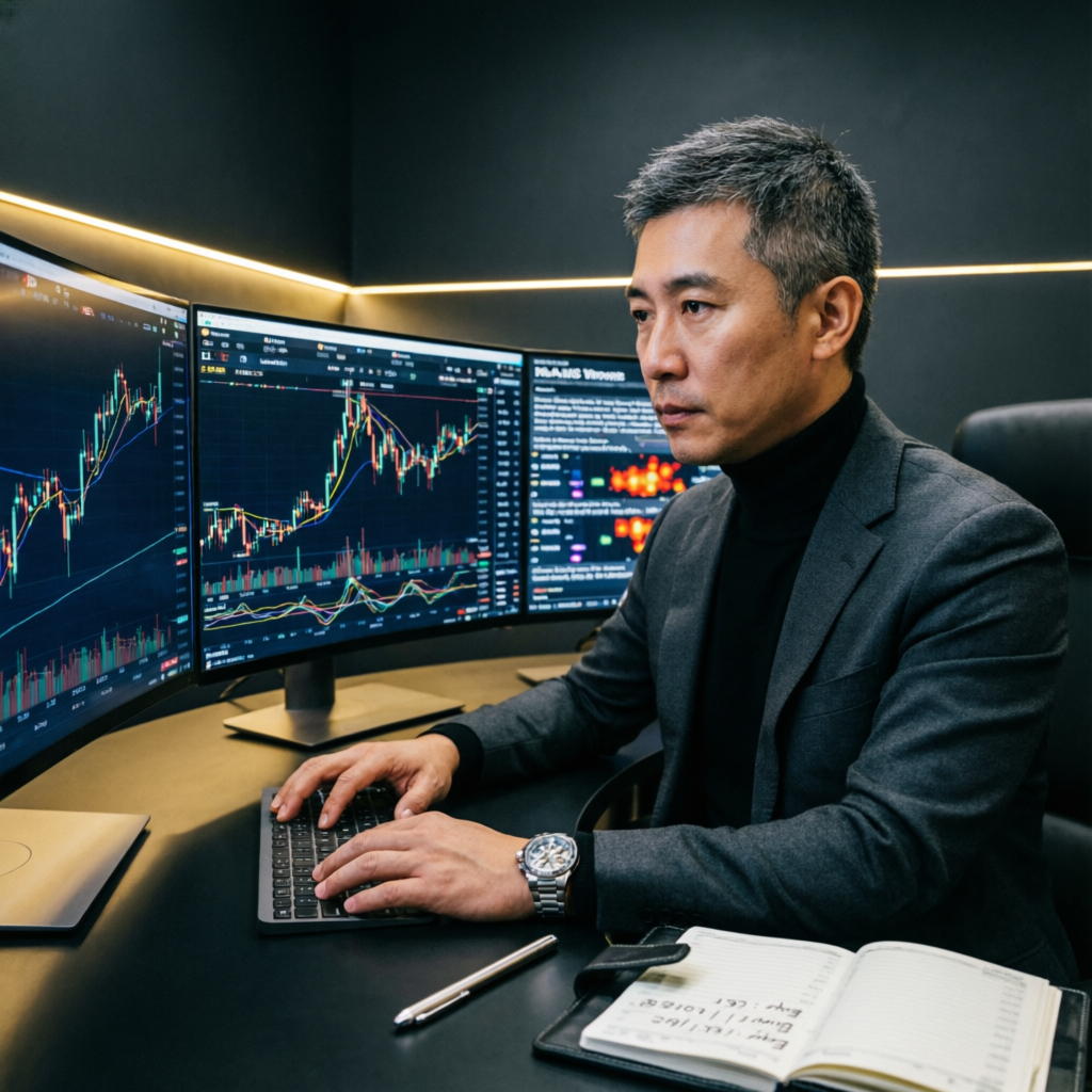 Professional forex trader working with multiple monitors showing live trading charts