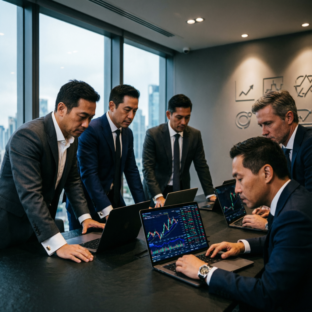 Professional team of forex traders analyzing charts and managing prop firm accounts