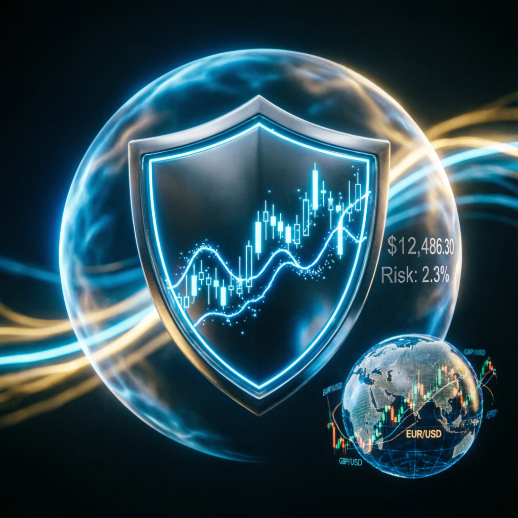 Risk management shield protecting forex trading accounts with financial charts