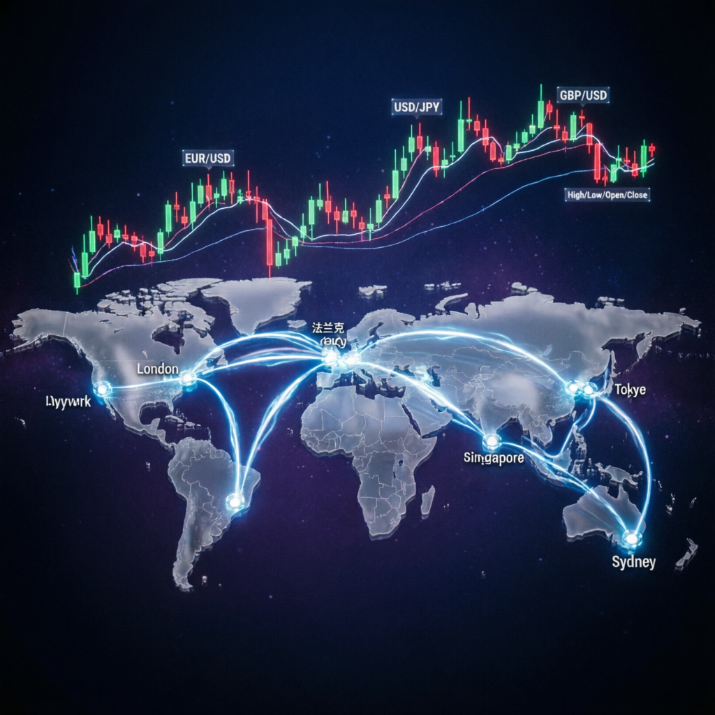 Global forex trading network with world map and financial centers