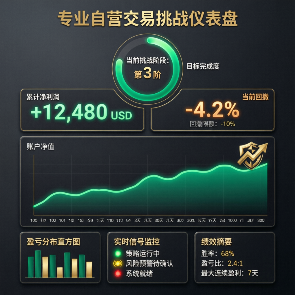 Professional prop firm trading dashboard showing challenge progress and profit targets