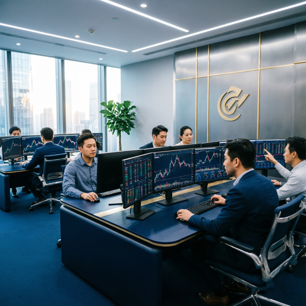 Modern prop firm trading floor with professional traders