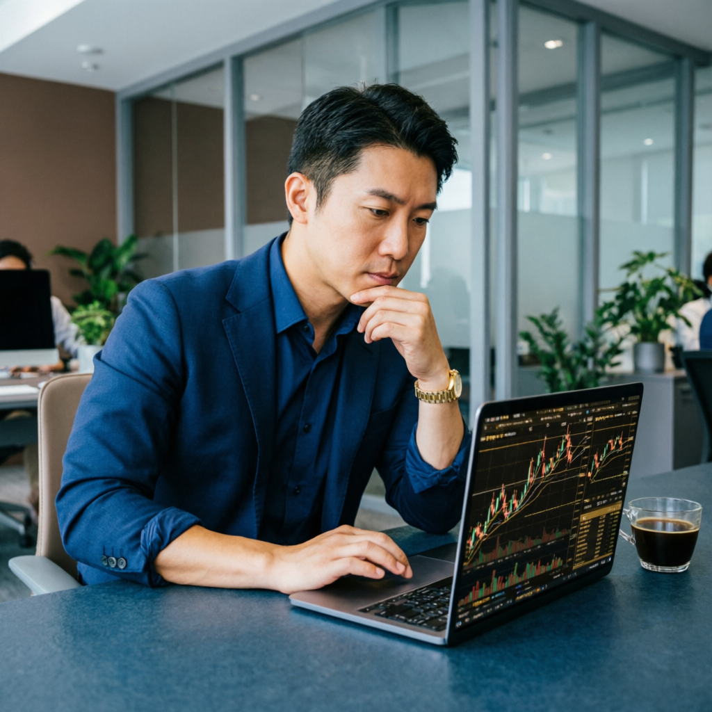 Professional trader analyzing forex and futures charts on laptop