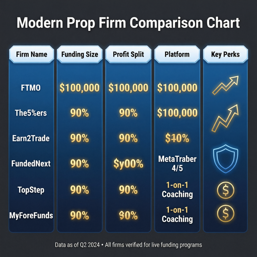 Modern prop firm comparison chart showing funding sizes, profit splits, and key perks