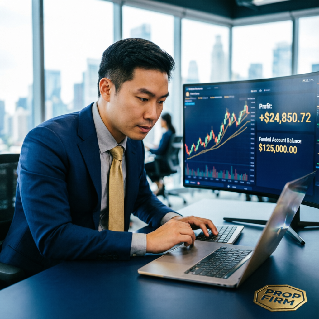 Trader reviewing profit and funded account balance on monitor