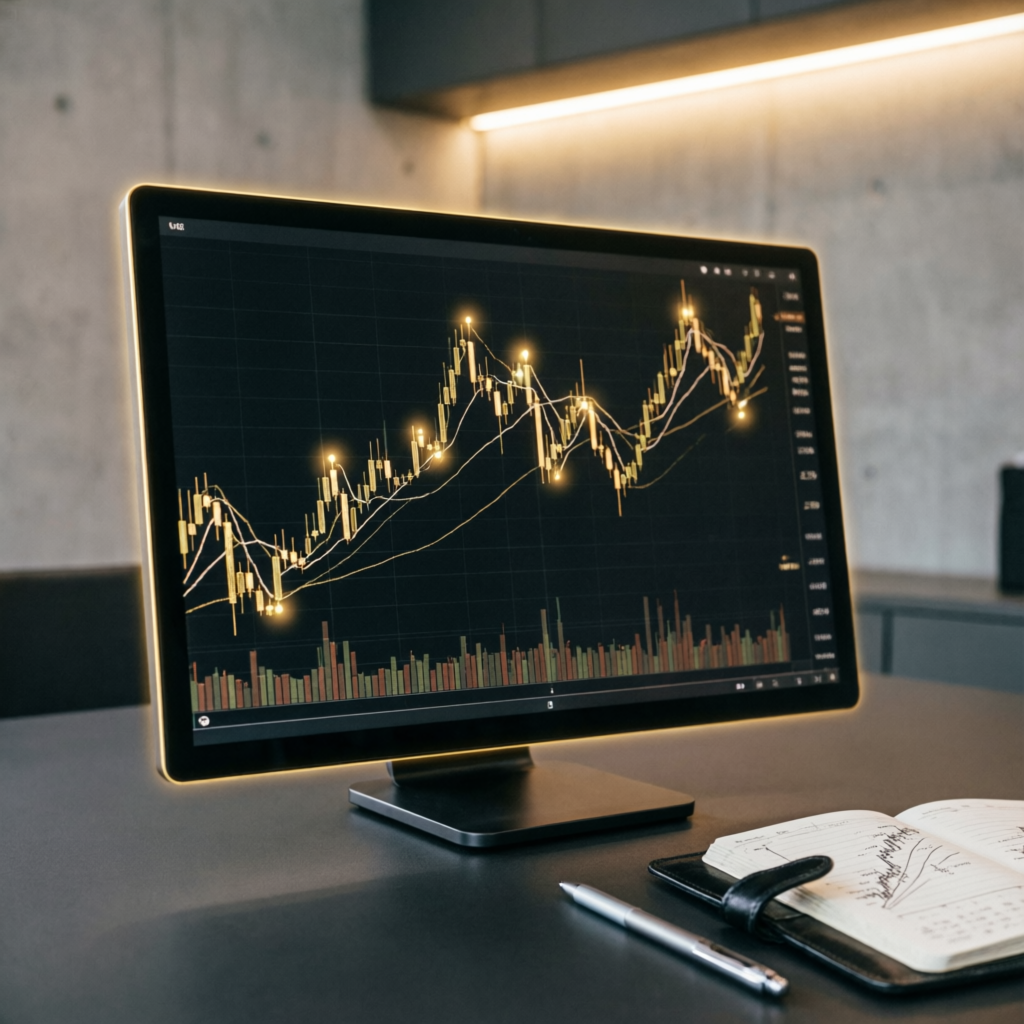 Candlestick charts on professional trading monitor with golden lighting